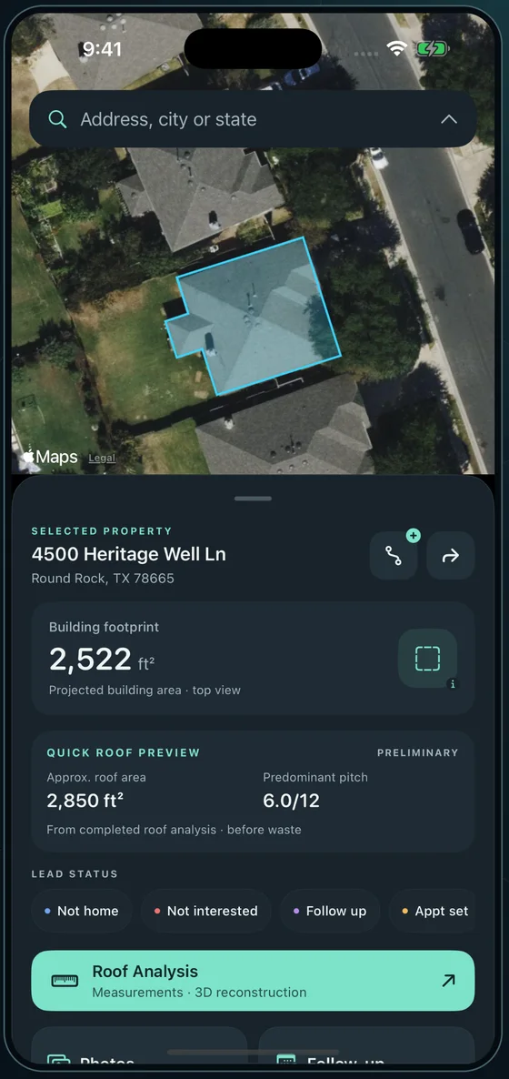 Roofari map with a selected roof outline and quick roof preview